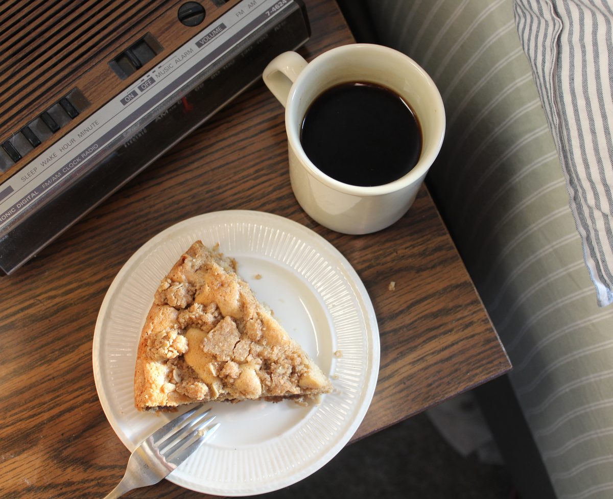 Hazelnut streusel coffee cake and a mug of coffee